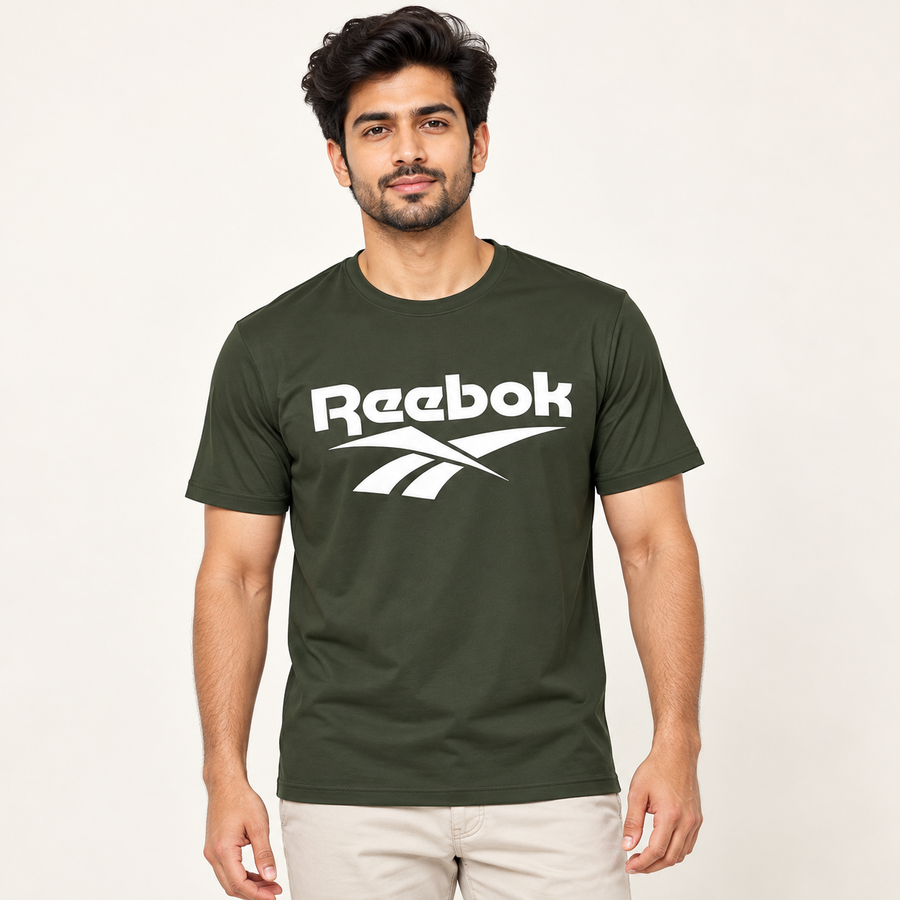 Men's Olive Green printed short-sleeve round-neck T-shirt — model-worn