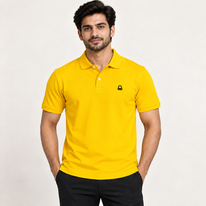 yellow polo T-shirt — model-worn