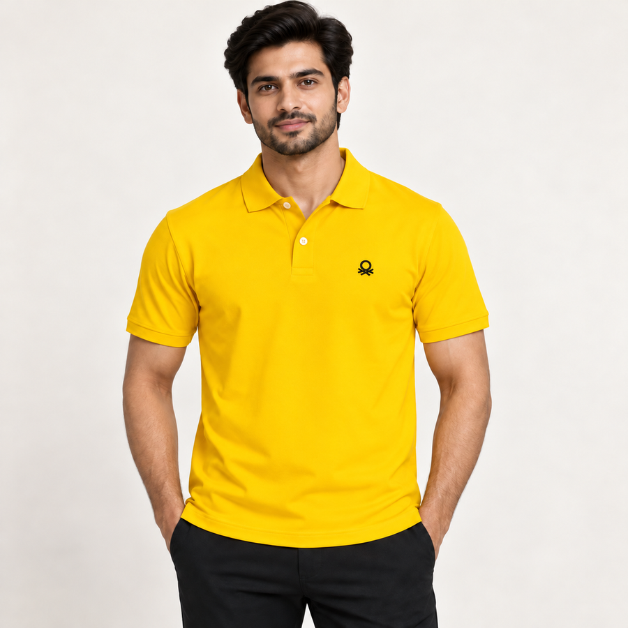 yellow polo T-shirt — model-worn