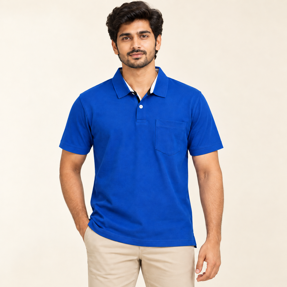Contrast Collar Pocket Polo T-Shirt - Royal Blue — model wearing front view