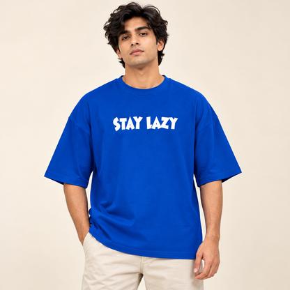 Stay Lazy Front and Back Print Drop Shoulder T-Shirt - Royal Blue — model wearing front view