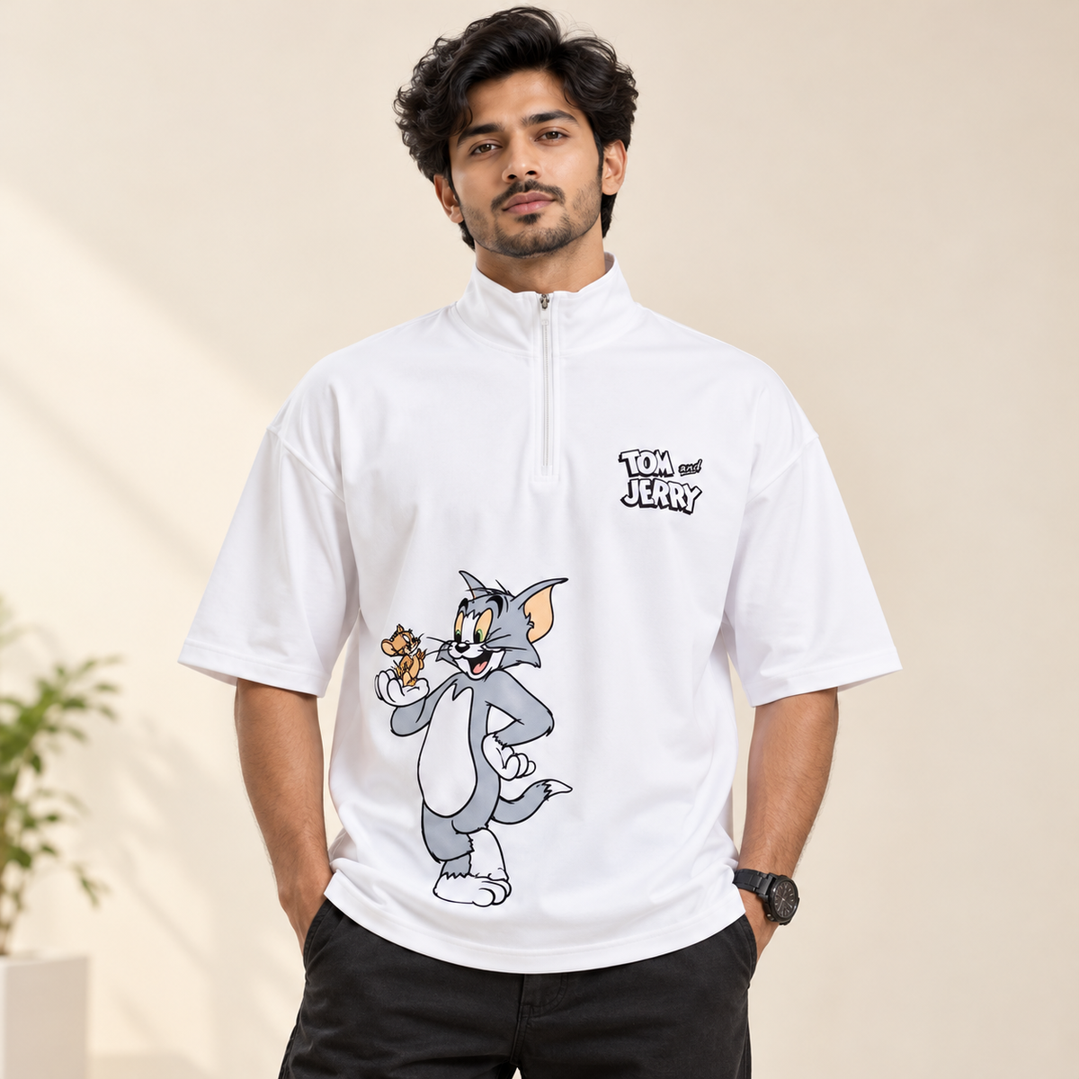 Front and Back Print Drop Shoulder High Neck T-Shirt - White — model wearing front view