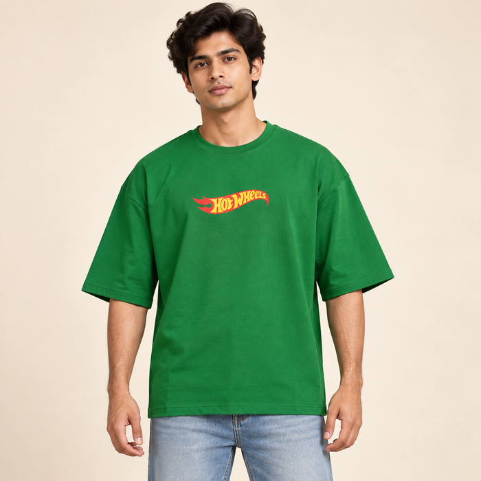 Car Graphic Front and Back Print Drop Shoulder T-Shirt - Green