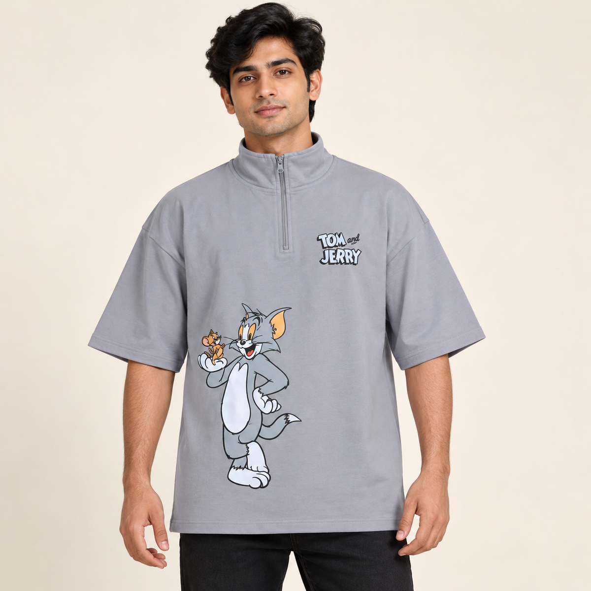 Front and Back Print Drop Shoulder High Neck T-Shirt - Grey — model front