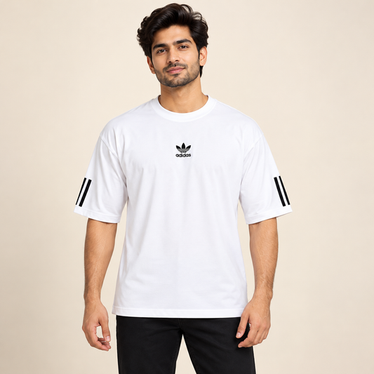 Sleeve Stripe Drop Shoulder T-Shirt - White — model front