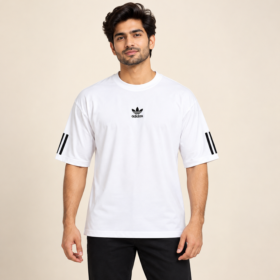 Sleeve Stripe Drop Shoulder T-Shirt - White — model front