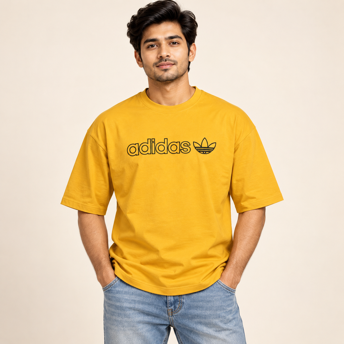 Front and Back Graphic Drop Shoulder T-Shirt - Yellow — model front