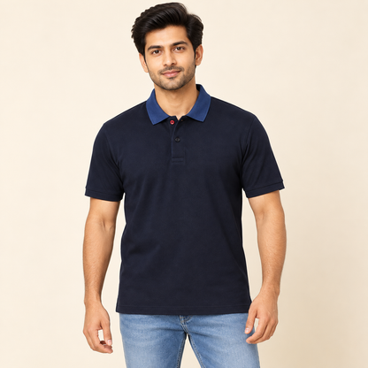 Contrast Collar Polo T-Shirt - Navy Blue — model front