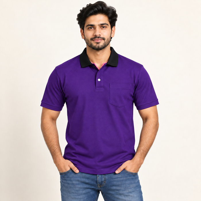 Contrast Collar Pocket Polo T-Shirt - Purple
