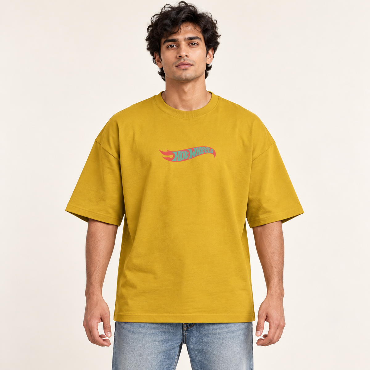 Car Graphic Front and Back Print Drop Shoulder T-Shirt - Mustard - model front