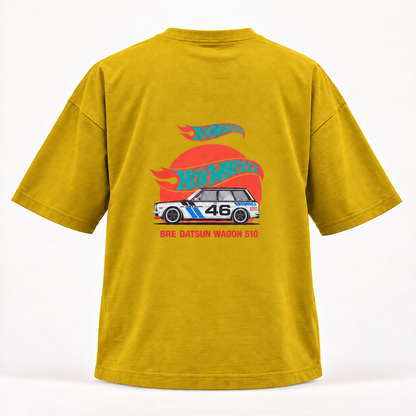Car Graphic Front and Back Print Drop Shoulder T-Shirt - Mustard - product back