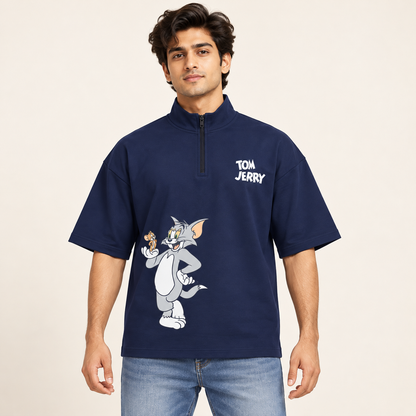 Front and Back Print Drop Shoulder High Neck T-Shirt - Navy Blue - model front