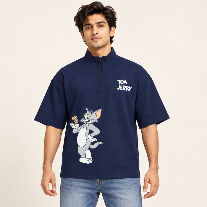 Front and Back Print Drop Shoulder High Neck T-Shirt - Navy Blue