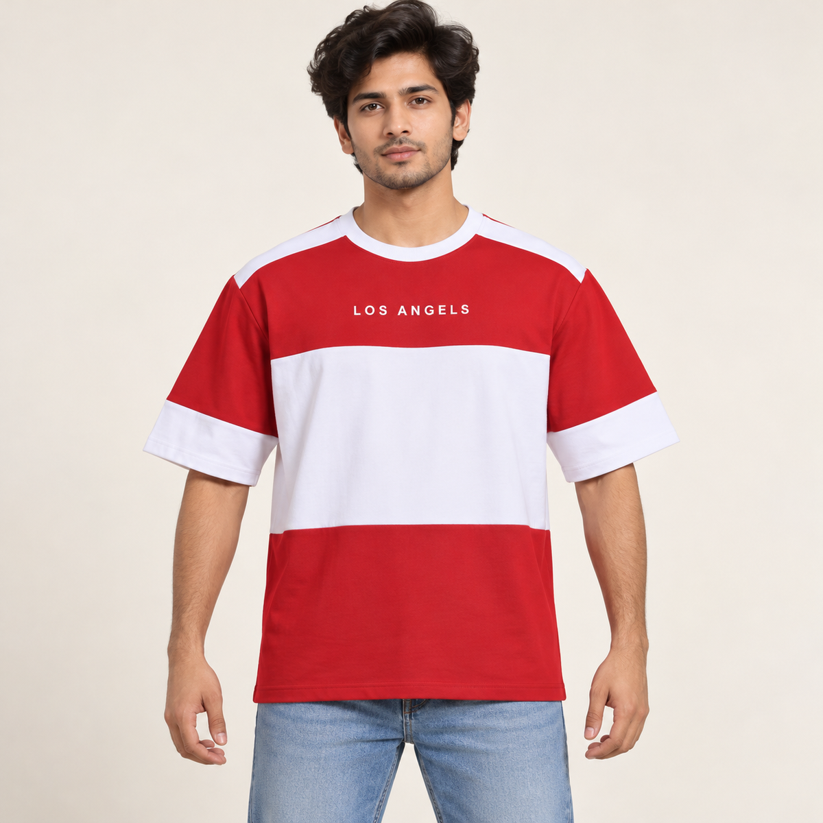 Colour Block Drop Shoulder T-Shirt - Red and White - model front