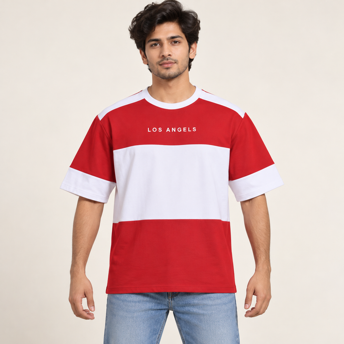 Colour Block Drop Shoulder T-Shirt - Red and White