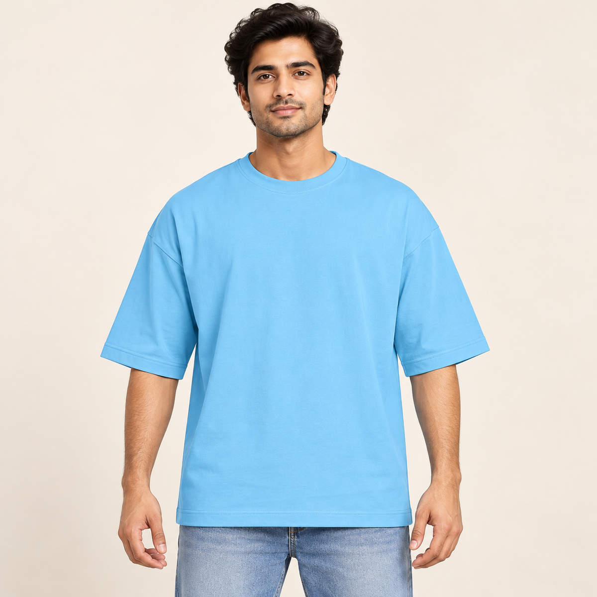 Plain Drop Shoulder T-Shirt - Light Blue - model front