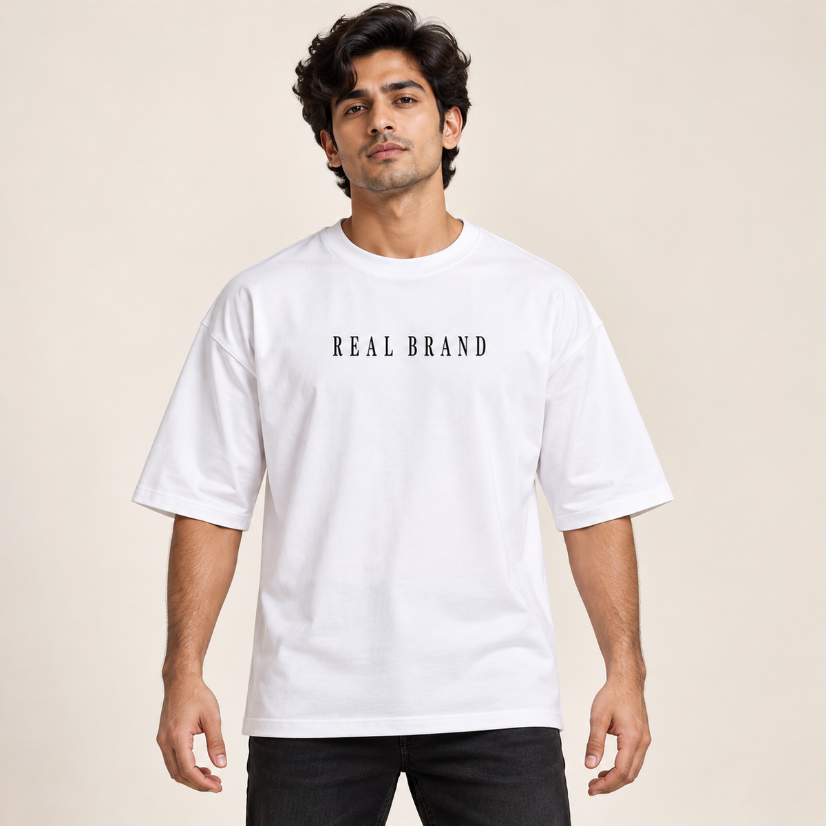 Front and Back Graphic Drop Shoulder T-Shirt - White - model front