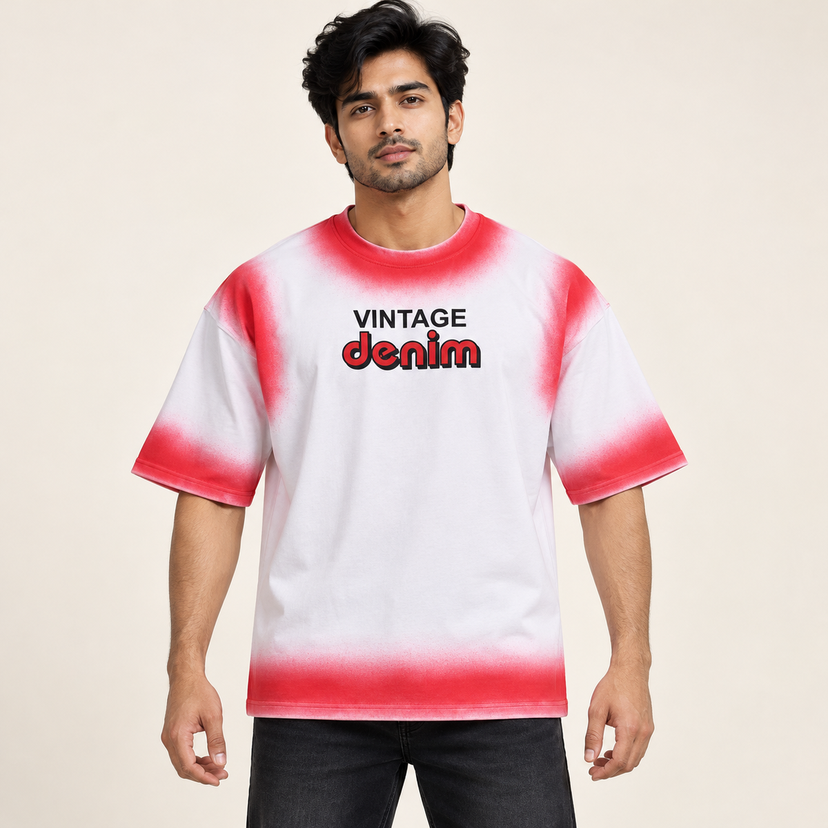 Vintage Denim Print Drop Shoulder T-Shirt - White and Red - model front