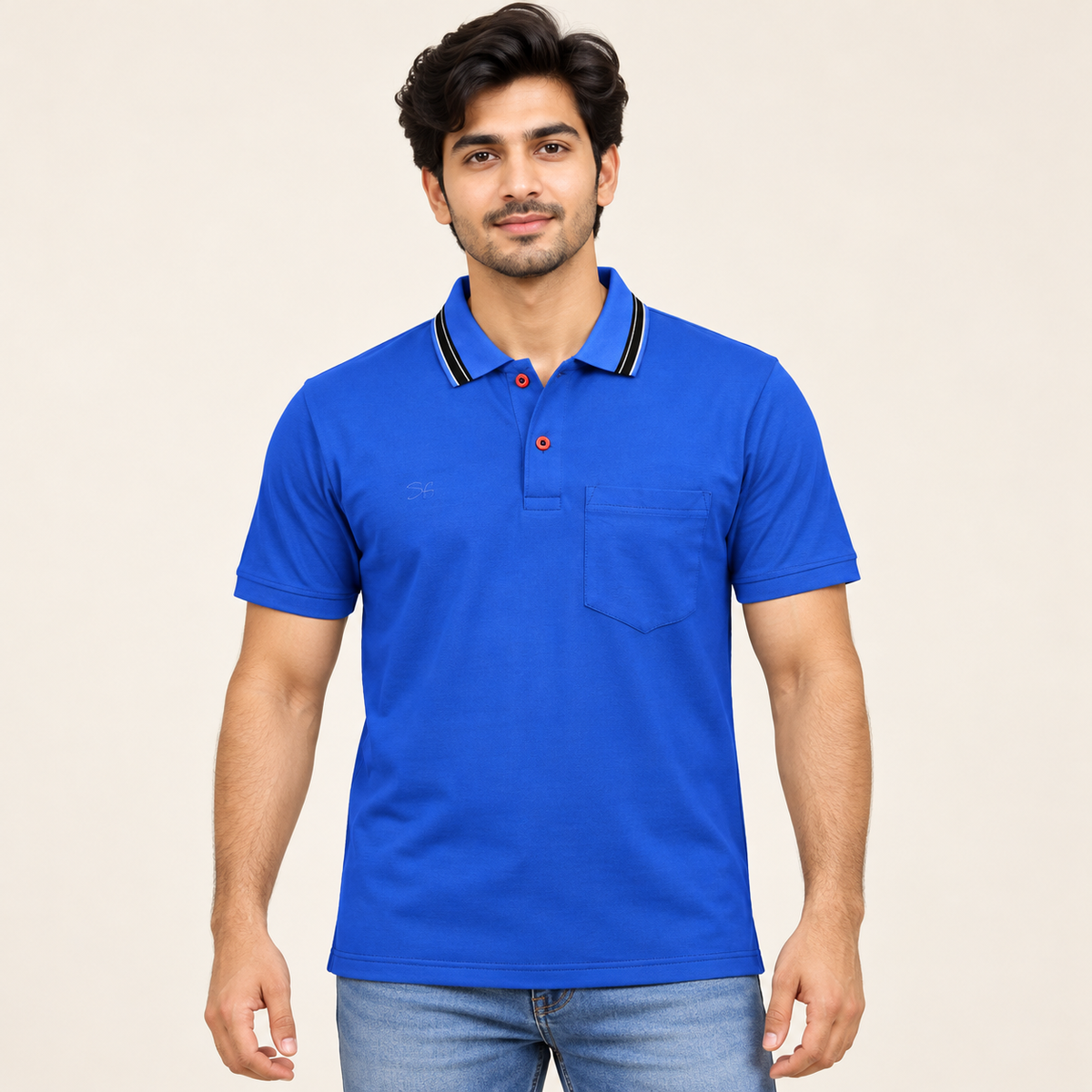 Striped Collar Pocket Polo T-Shirt - Royal Blue - model front