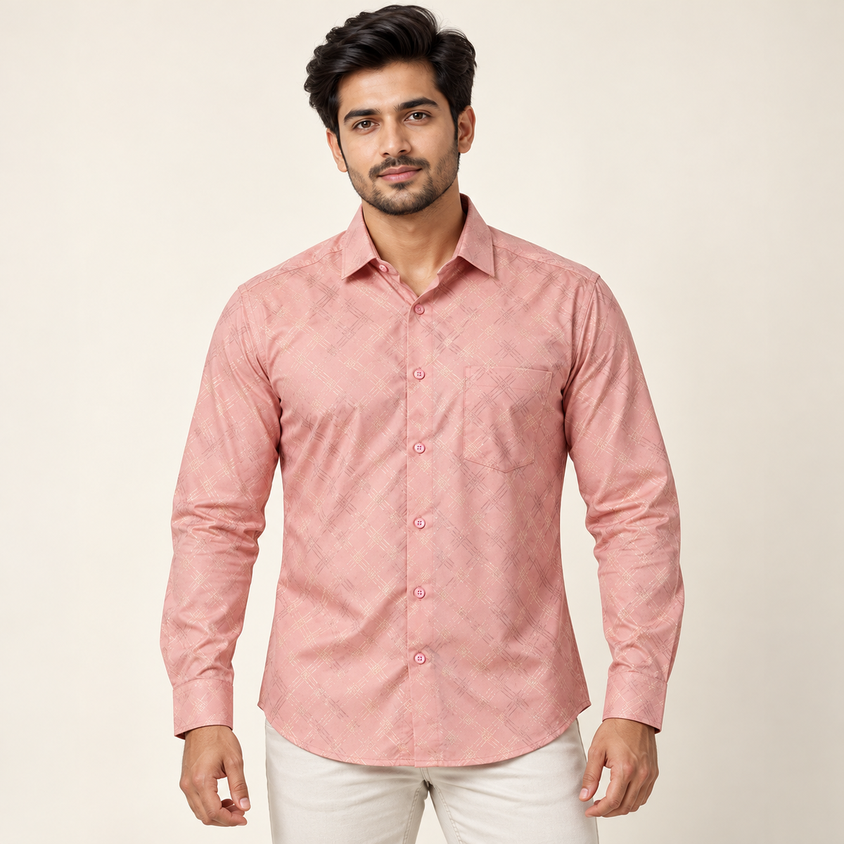 Crosshatch Print Full Sleeve Shirt - Dusty Rose - model front