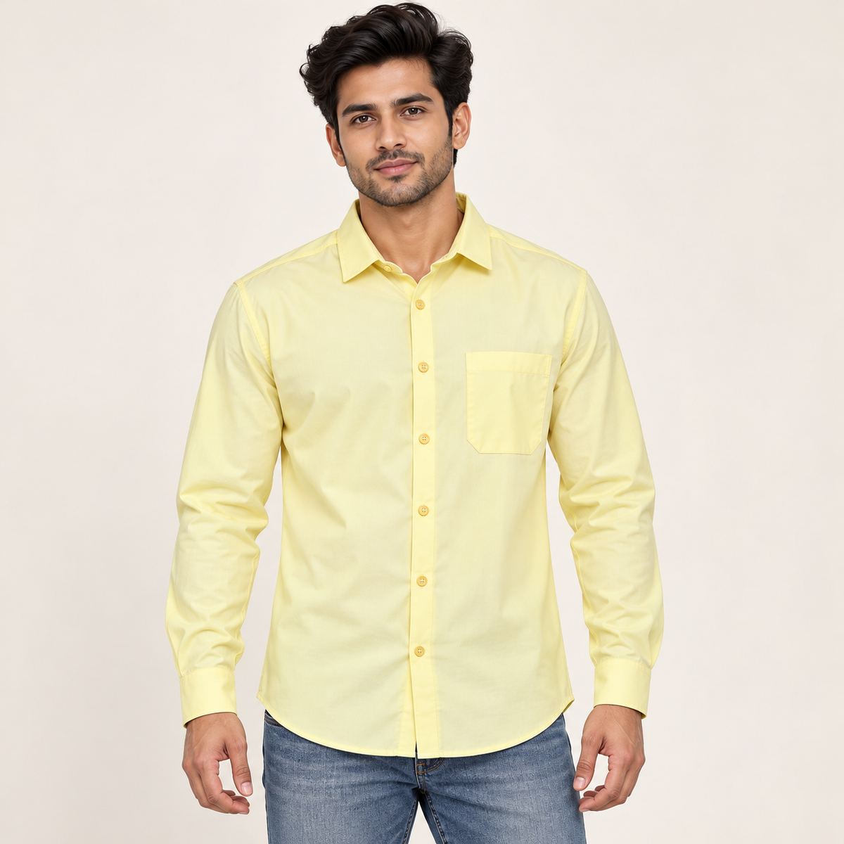 Plain Full Sleeve Pocket Shirt - Pale Lemon - model front