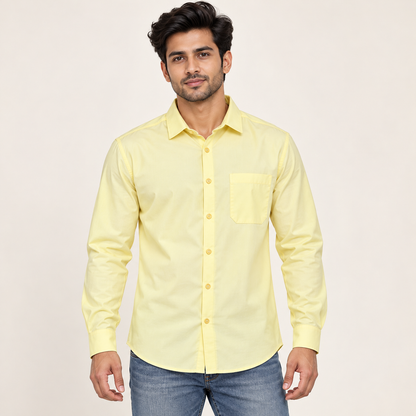 Plain Full Sleeve Pocket Shirt - Pale Lemon - model front