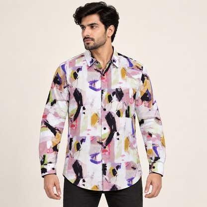 Abstract Print Full Sleeve Pocket Shirt - White Multicolour - model front