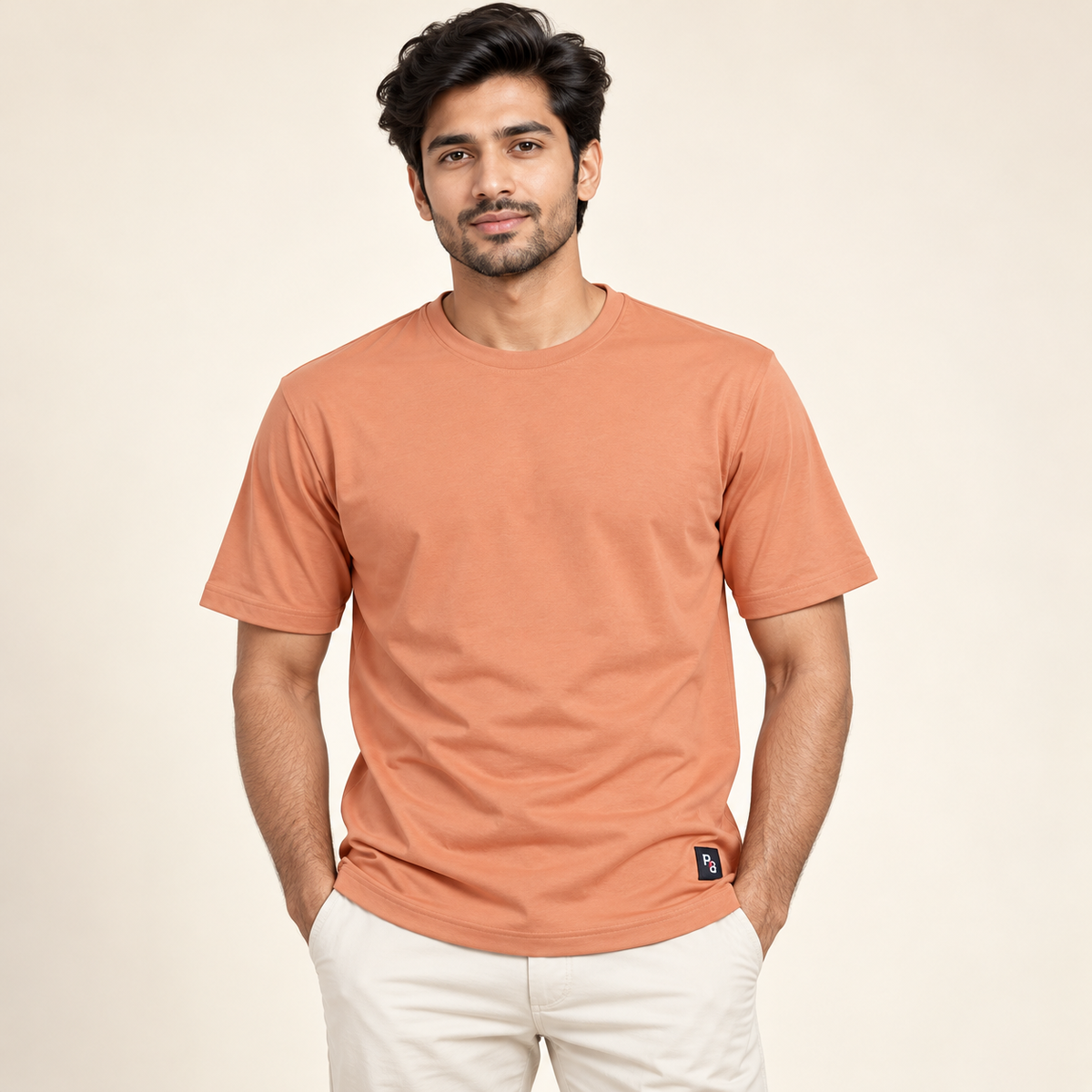 Plain round-neck T-shirt - Peach, model-front