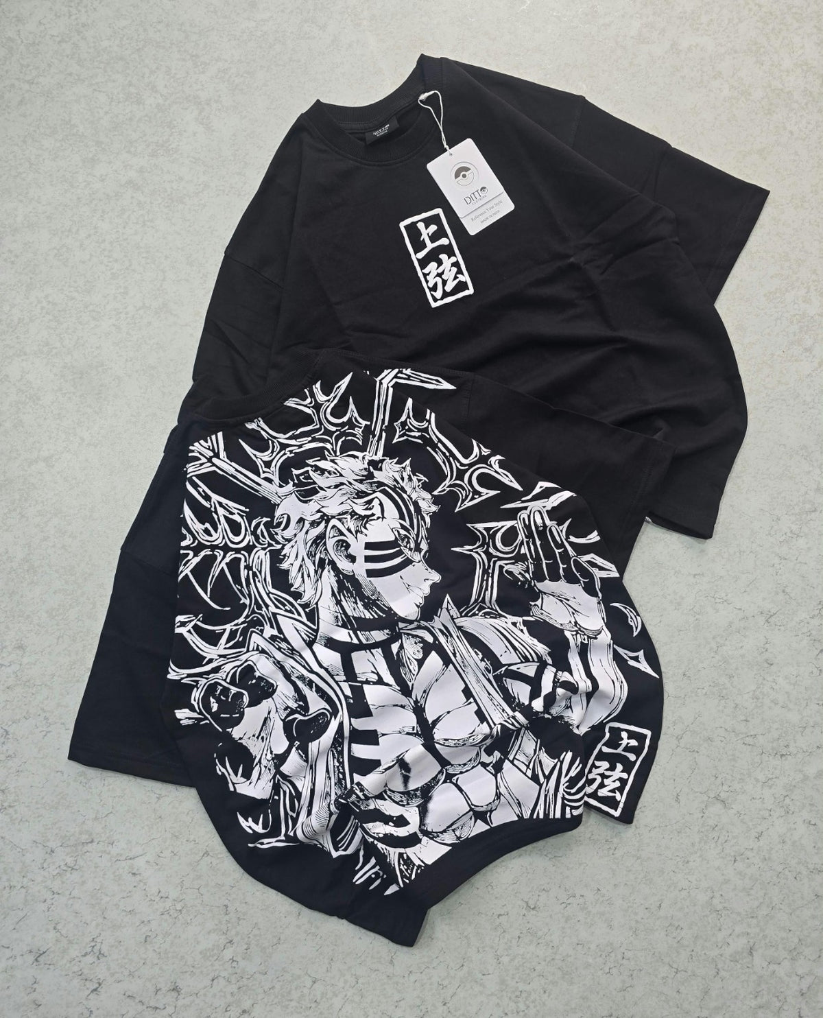 Black manga warrior white graphic T-shirt front and back