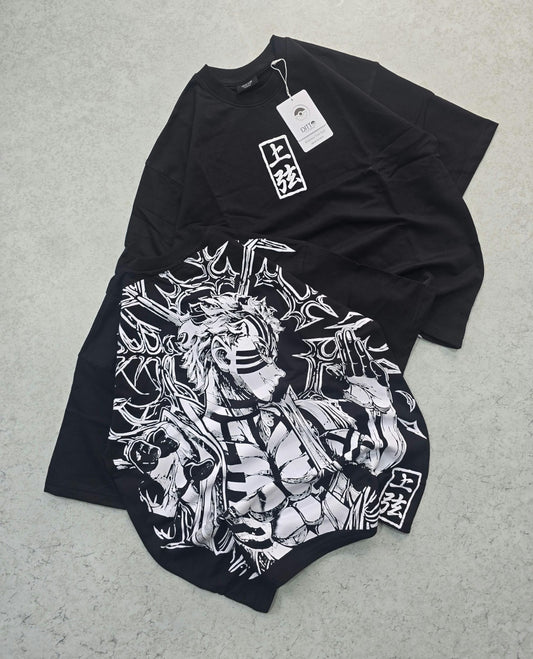 Black manga warrior white graphic T-shirt front and back