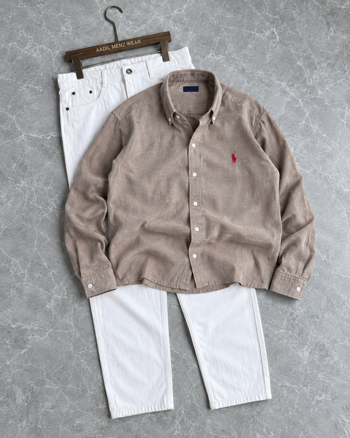 Taupe boxy-fit shirt — full-sleeve shirt with white mom-fit trousers for styling (shirt only)