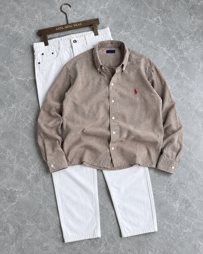 Taupe boxy-fit shirt — full-sleeve shirt with white mom-fit trousers for styling (shirt only)