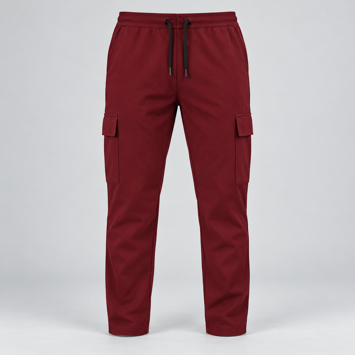 Maroon cargo pants with plain open hems and two thigh flap pockets
