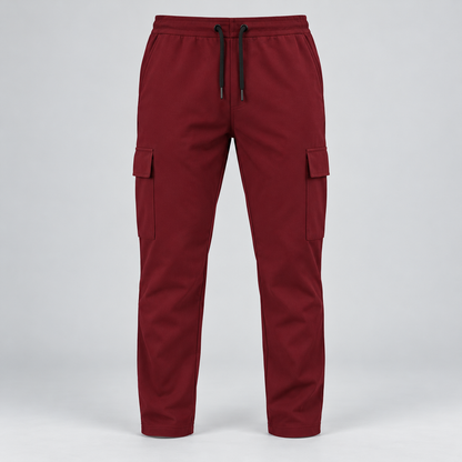 Maroon cargo pants with plain open hems and two thigh flap pockets