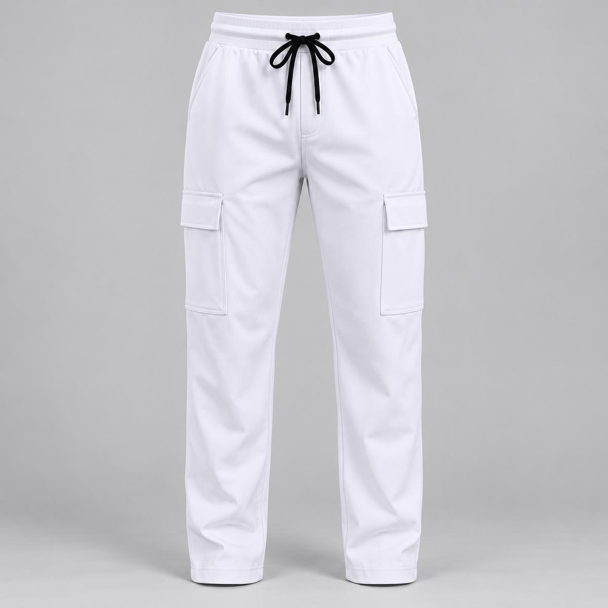 White cargo pants with plain open hems and two thigh flap pockets