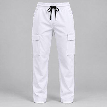 White cargo pants with plain open hems and two thigh flap pockets