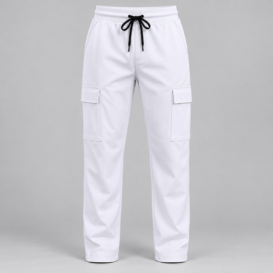 White cargo pants with plain open hems and two thigh flap pockets