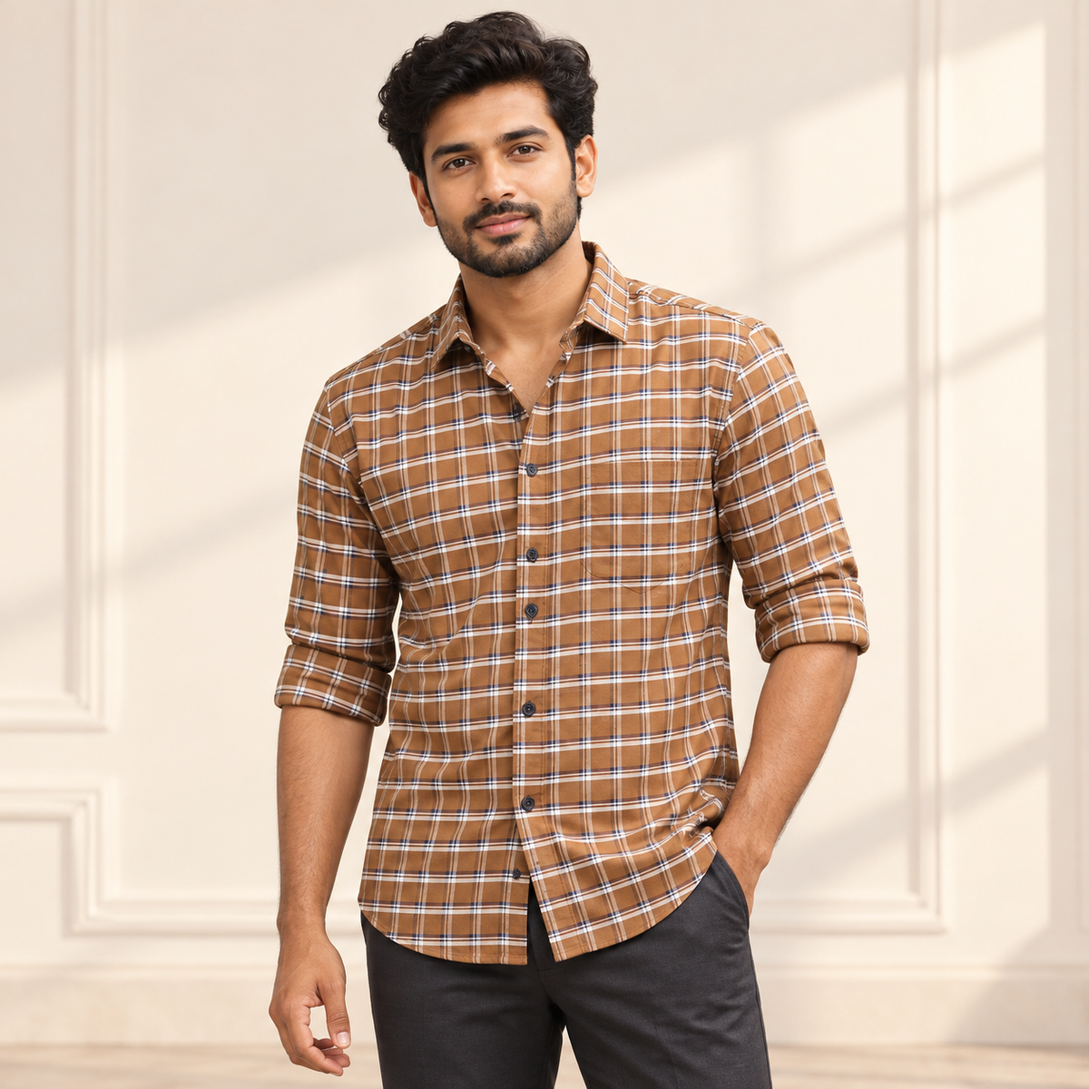 Checked shirt model view with folded sleeves