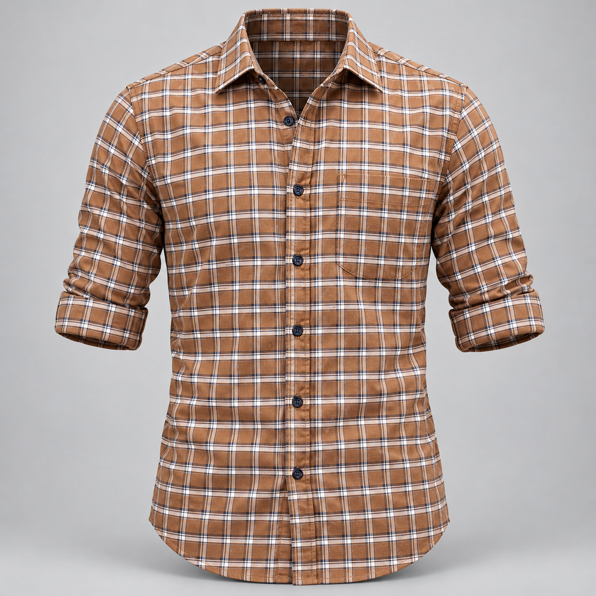 Checked shirt front product view with folded sleeves