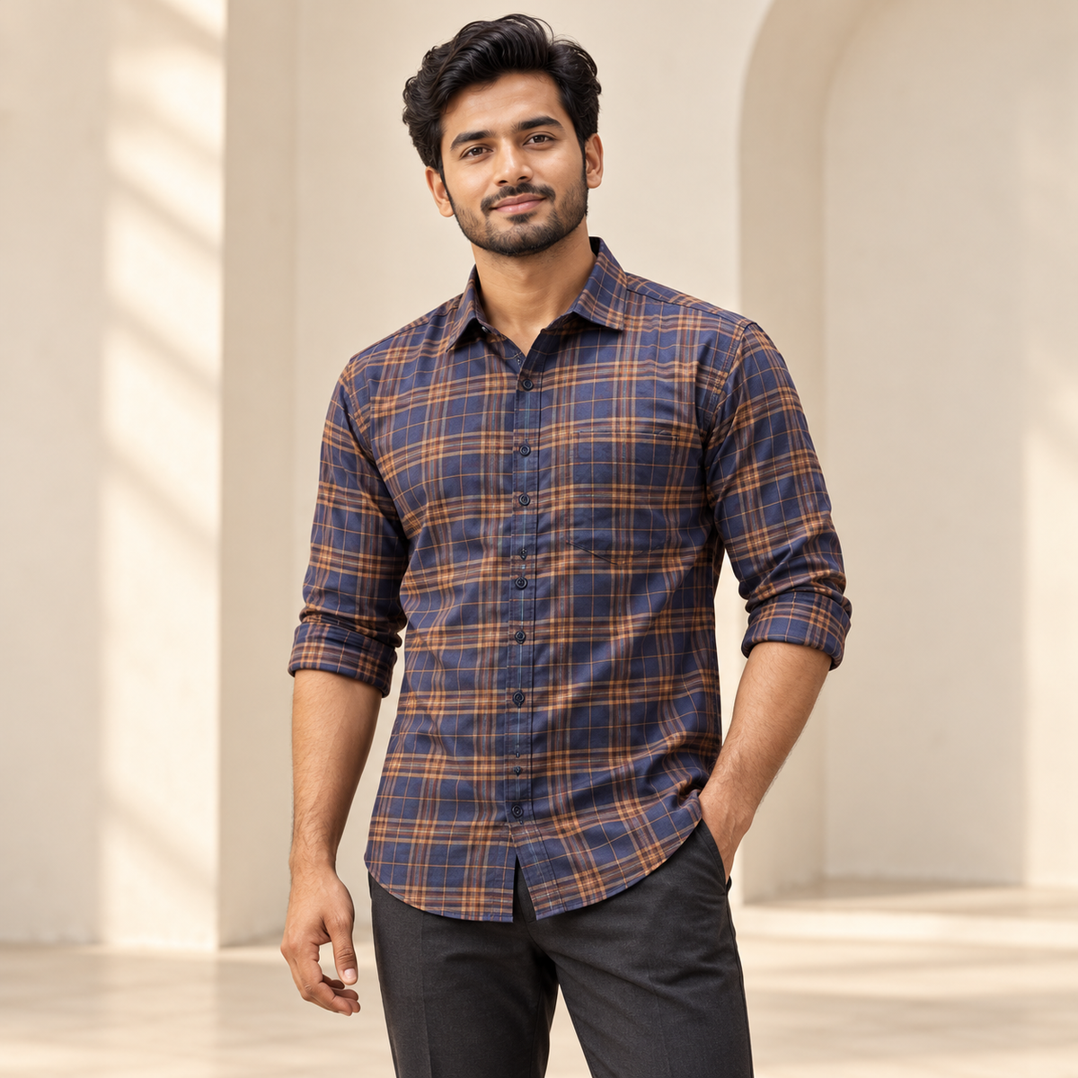 Checked shirt model view with folded sleeves