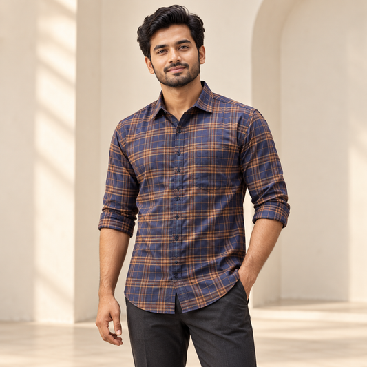 Checked shirt model view with folded sleeves
