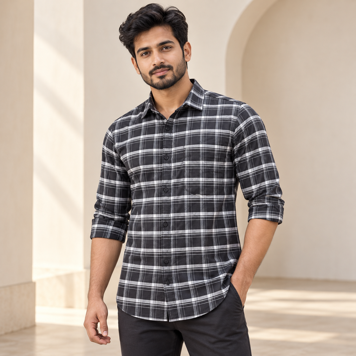 Checked shirt model view with folded sleeves