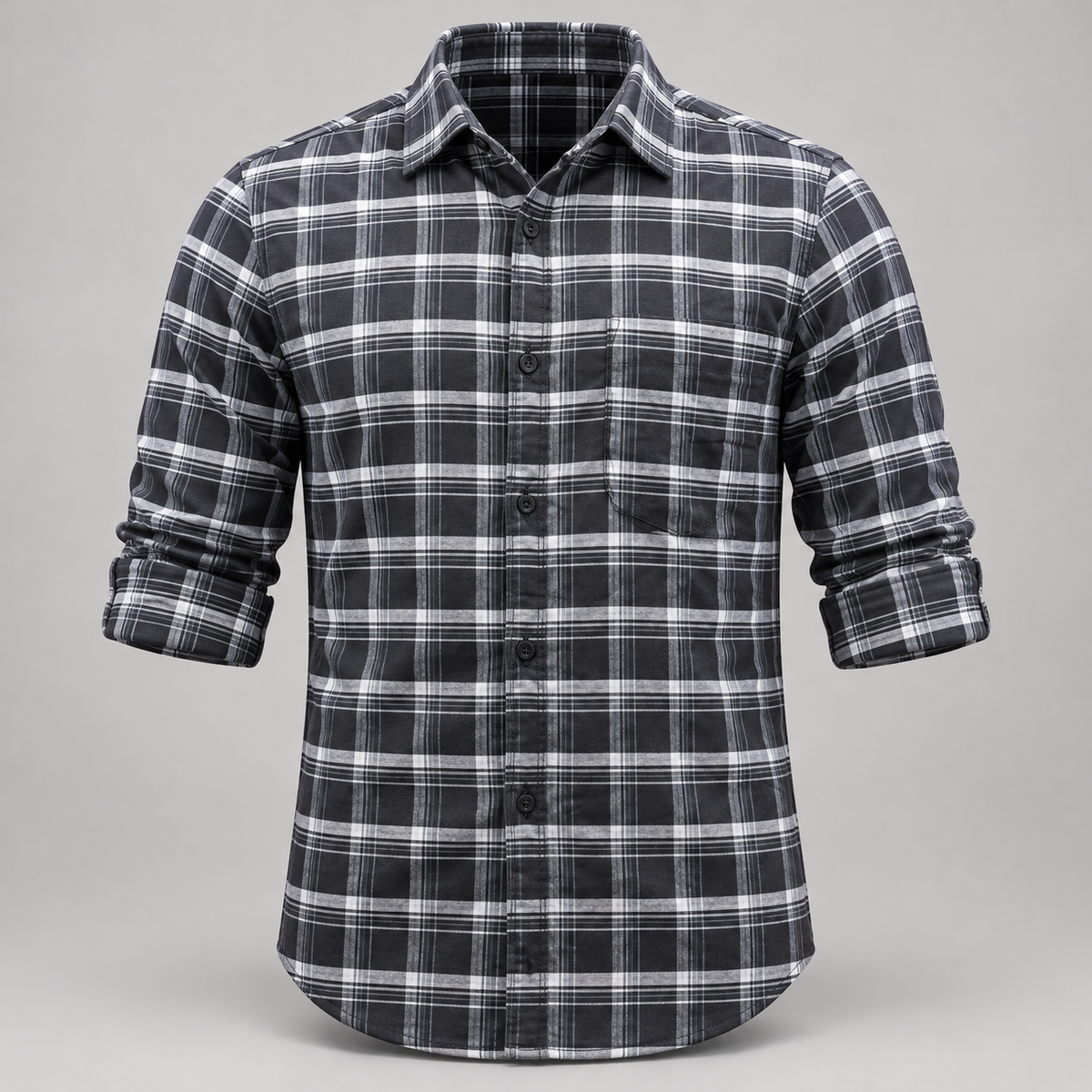 Checked shirt front product view with folded sleeves