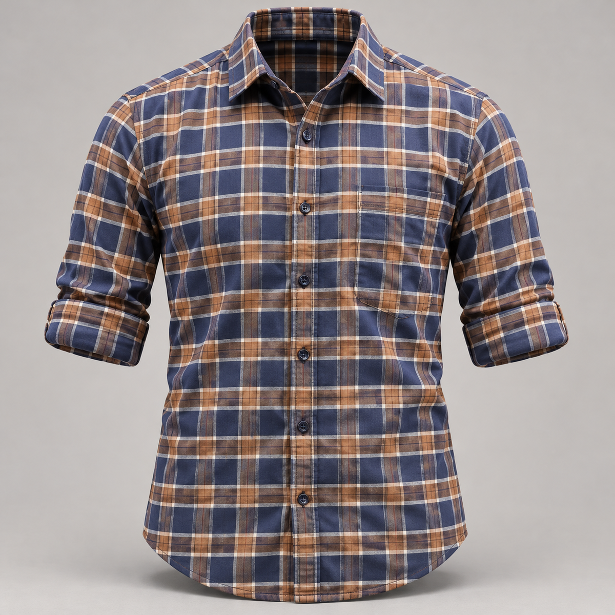 Checked shirt front product view with folded sleeves