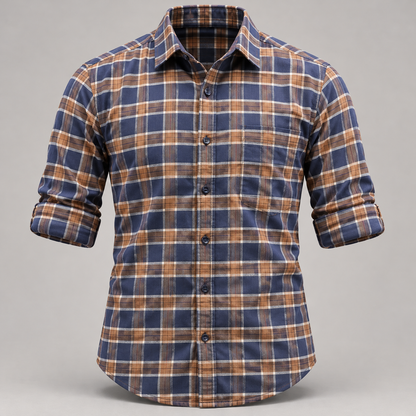 Checked shirt front product view with folded sleeves