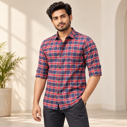 Checked shirt model view with folded sleeves