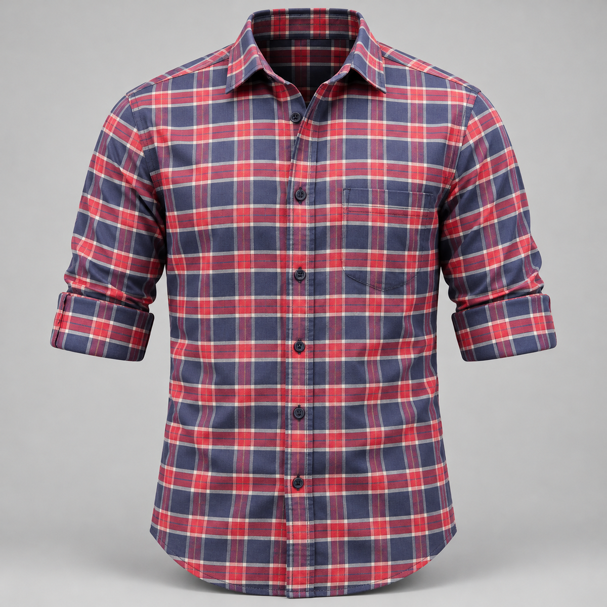 Checked shirt front product view with folded sleeves