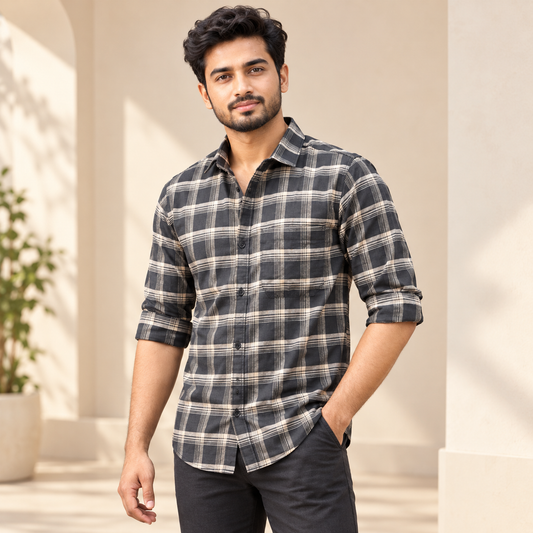 Checked shirt model view with folded sleeves