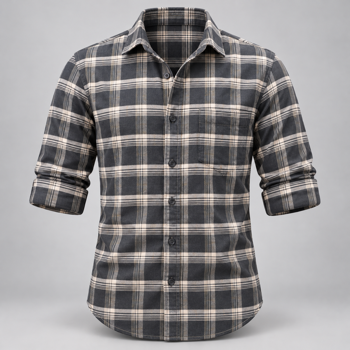 Checked shirt front product view with folded sleeves