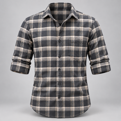Checked shirt front product view with folded sleeves